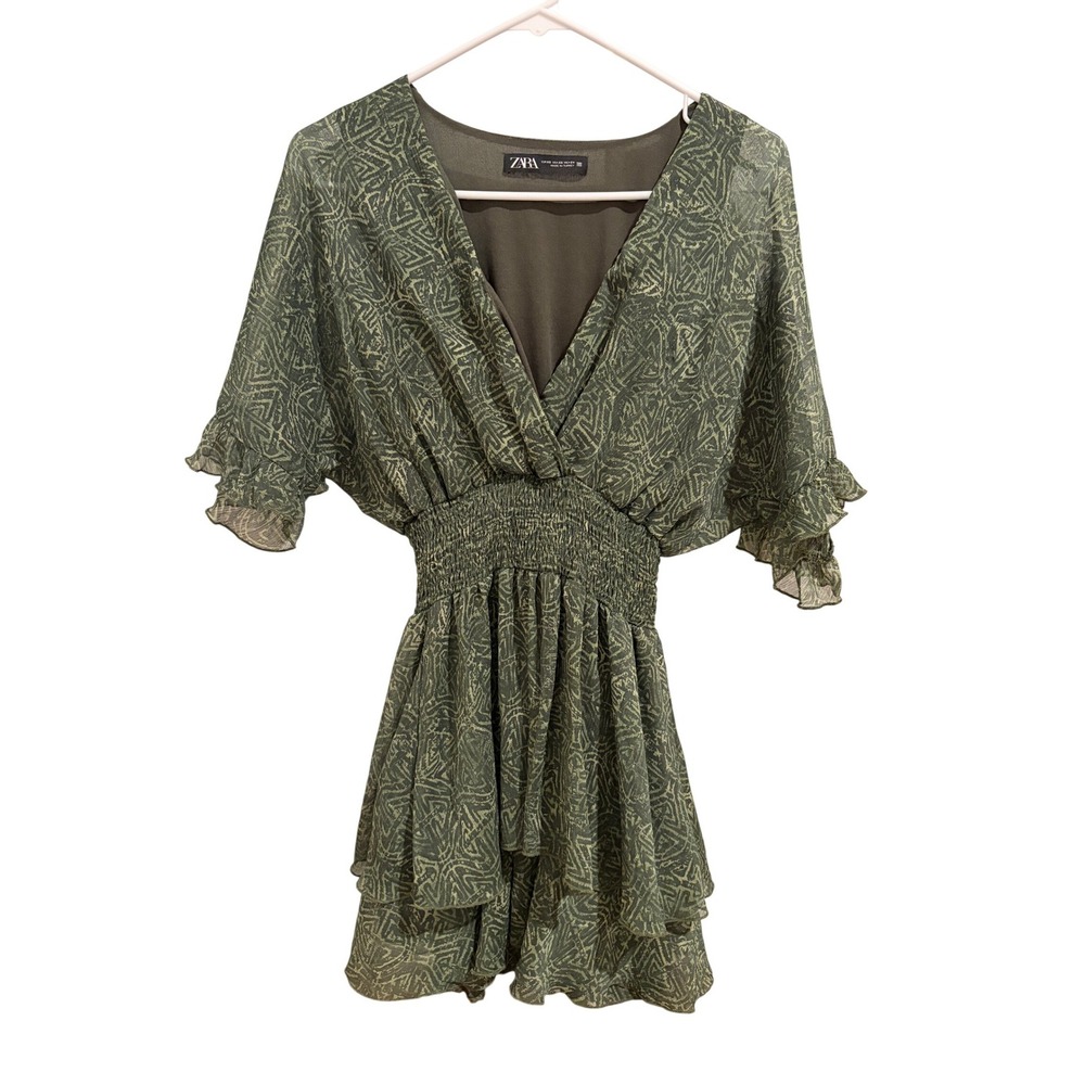 ZARA Green Abstract Print Ruffle Sleeve Smocked Waist Mini Dress XS